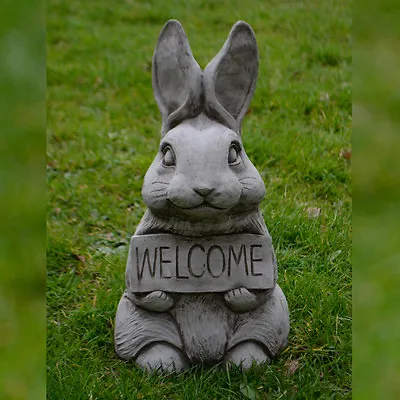 Bunny Rabbit Hand Cast Stone Outdoor Garden Ornament Welcome Sign Statue Gift • £56.60