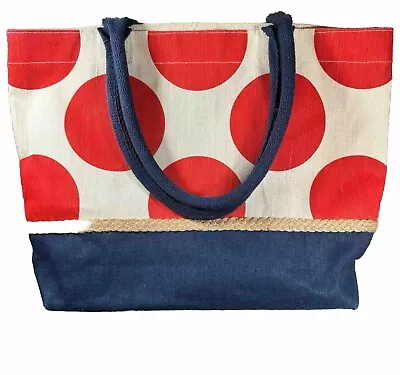 MUDPIE Tote Bag Womens Large Navy Ivory Red Polka Dot  Canvas Tote Rope Handles • $19