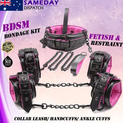 BDSM Bondage Restraint Kit Collar Leash Handcuffs Ankle Cuffs Couple Fetish Toy • $23.99