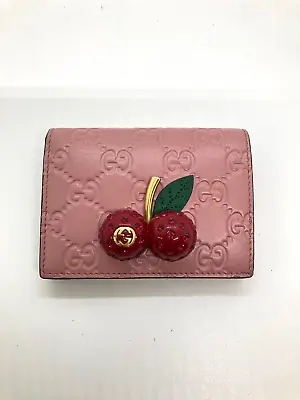 $439.69 • Buy Used GUCCI Cherry GG Leather Fold Wallet With Card Holder Pink Red 7608