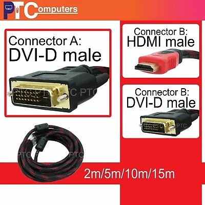 2M 5M 10M Premium DVI-D To HDMI Cable Male To Male Gold-Plated TV Monitor Etc • $20.76