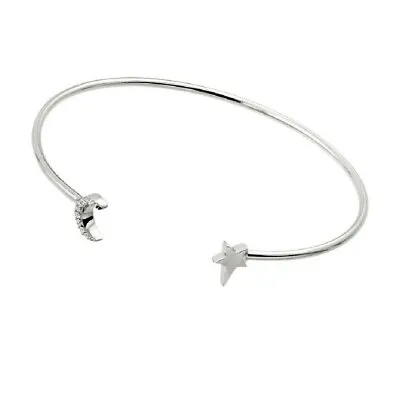 Sterling Silver CZ Stones Moon & Star Cuff Bangle Bracelet  • $37.99