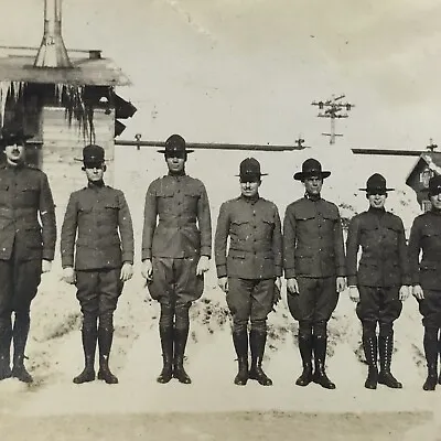 Vintage Sepia Photo Military Men Standing At Attention Uniforms Hats Snow Base • $6.69