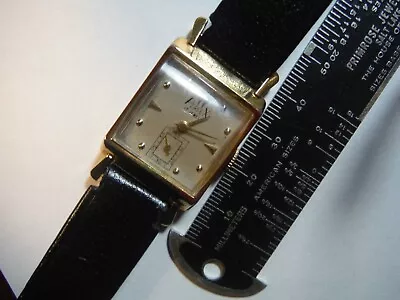 Lathin Perfex 14KT Gold Filled Mens Rectangular Watch 17 Jewels Calf Skin Band. • $0.99