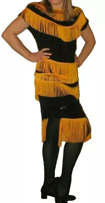 Vintage Flapper Swing Dress Liz Robert Black Yellow Fringe Costume Halloween 7/8 • $10