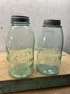2 - Vintage Atlas Mason Half-Gallon (2) Green Blue Jars No Damage 1858 • $125