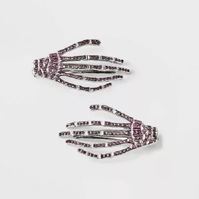 Womens Halloween Rhinestone Spooky Skeleton Hand Hair Clips Barrettes 2ct Purple • $12.46