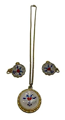 Goldtone Enamel Bubble Necklace And Earrings With Lovebirds And Three Leaf Clove • $38
