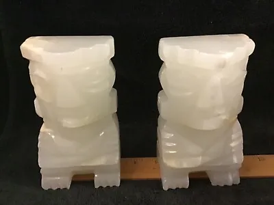 Vintage Carved White Stone Quartz Tiki Totem Head Set Of Bookends EUC • $16