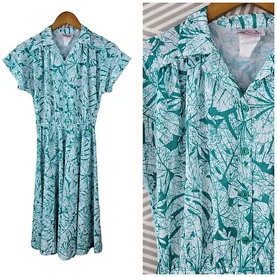 Vintage 80s 90s Shirt Dress Size 4/6 Retro Cottagecore Leaf Splash Print Stretch • $32.99