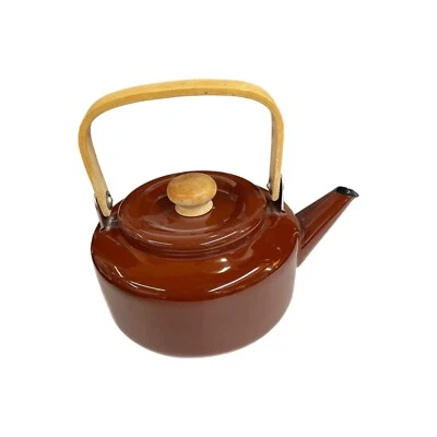 £19.25 • Buy Vintage Brown Baked Enamel Ware Tea Pot Kettle Wooden Handle