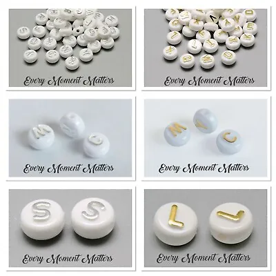 500 X ROUND WHITE ALPHABET BEADS SILVER/GOLD LETTERS 10mm STOCK CLEAR LAST ONES • £5.89