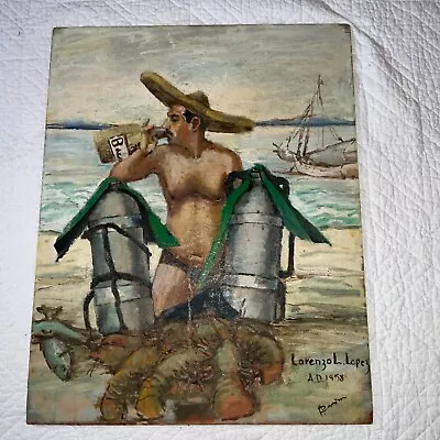 VINTAGE Man Portrait Original Oil Painting  Hand Painted Male Mexico Diving Trip • $346