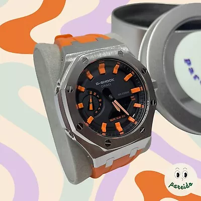 Casio Custom G-Shock | GA-2100 | CasiOak Orange Rubber Strap | Stainless Steel • $299