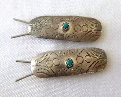 Pair Vintage Navajo Hair Barrettes Stamped 925 Sterling Silver Turquoise  1.5  • $49.95