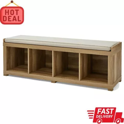 Entryway Mudroom Foyer Storage Bench Wood Cushion Window Seat 4 Cube Organizer • $141