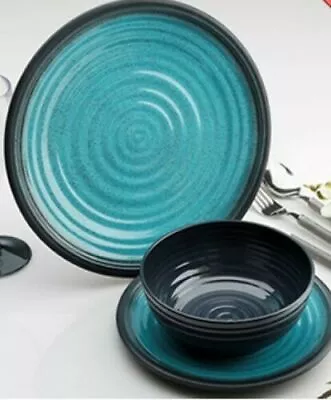 £39.99 • Buy Granite Aqua Blue 12 Piece Melamine Crockery Dinner Set Caravan Camping Picnic