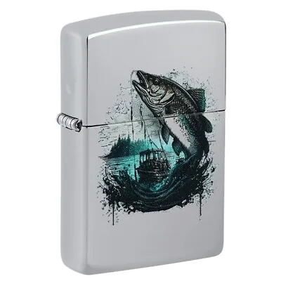 Zippo Petrol Lighter Fish And Boat Design High Polish Chrome Windproof New • £56