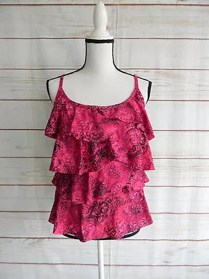 Miraclesuit Wm's Pink/black Ruffle Tankini Top Sz 12 • $24.29