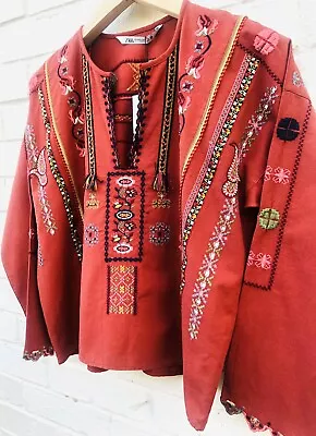 $79 • Buy NEW ZARA Intricate Embroidered Burnt Orange Oversized Boho Blouse Top XS
