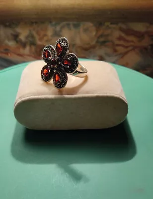 .925 Silver 5 Pear 1 Round Red Garnets Marcasite Flower Ring - Sz 8 - 10.04 G • $135