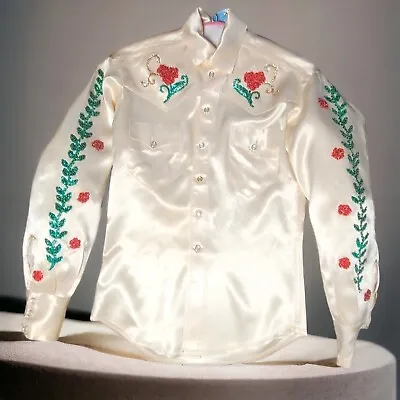 Vintage Mens Western Perl Snap Silk Sequin Shirt Roses Hearts Unique Show Shirt • $300