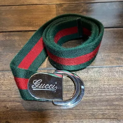 Old GUCCI Logos Web Stripe Belt Green Red Silver Canvas Italy Authentic • $237.50