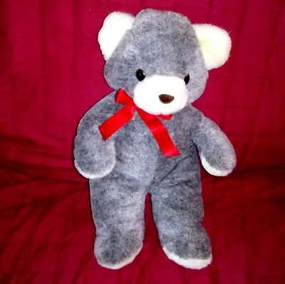 Vintage C E Berwick Teddy Bear Grey White 14in Soft Plush Red Satin Bow British • $31.99