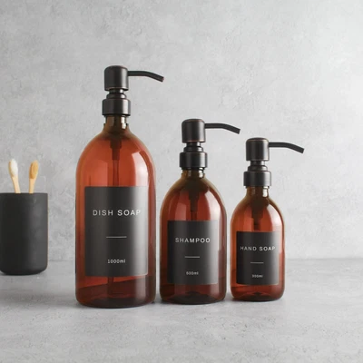 £7.99 • Buy Amber Plastic Labelled Bottle With Black/Copper Dispenser Pump For Soap/Shampoo