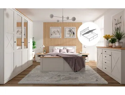 King Size Storage Bedroom Furniture Set Lift Up Bed White Pine/Oak Effect Frija • £2109.95