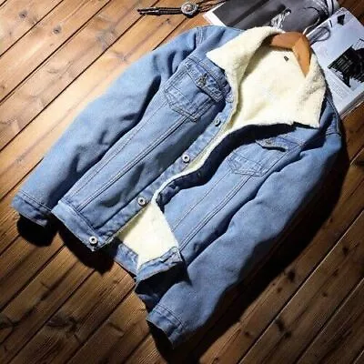 Men`s Casual Denim Jacket With Fur Lined Thicken Warm Coat FleeceJean Outerwear  • $153.63