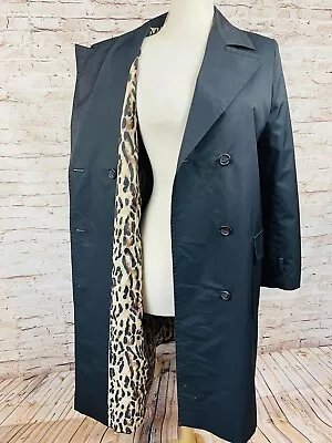 Vintage Marvin Richards Long Dress Trench Coat Jacket Black Cheetah Print Lining • $49.99