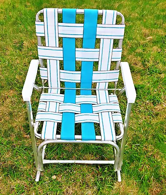  Aluminum Rocking Foldable Webbed Lawn Patio Chair Blue White Vintage • $34.95