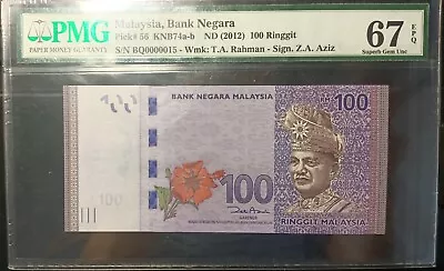 Malaysia Banknote Rm100 Pmg67epq Low Number Bq0000015 Zeti Gabenor • $118