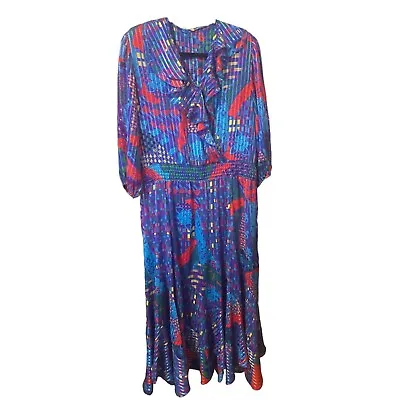 Vintage Diane Freis Vibrant Colorful Midi Dress Floral Abstract Ruffle Collar LG • $54