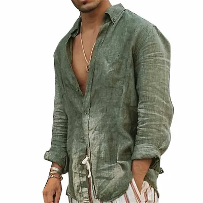 Men's Casual Shirt Button Down Cotton Linen Loose Fit Long Sleeve Caual Shirt UK • £9.65