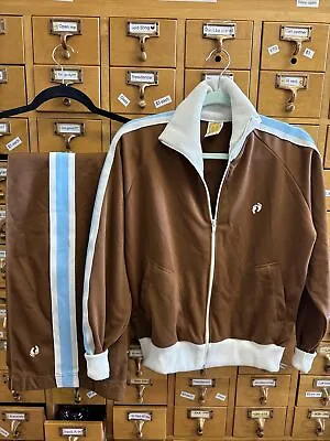 VTG 70s Hang Ten Track Suit Set Jacket & Pants Brown W/Baby Blue Stripe RARE • $150