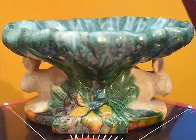 Ceramic Majolica Compote Bowl Rabbits Bunnies Cabbage Intentional Crazing Easter • $95