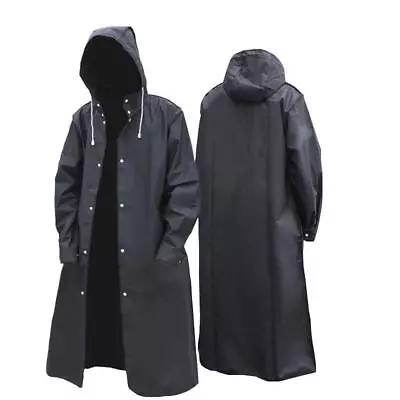 Men Black Waterproof Long Raincoat Rain Coat Hooded Trench Jacket Outdoor Hiking • $22.88