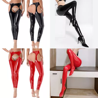 US Women Patent Leather Pants Wet Look Crotch-less Open Butt Fancy Long Trousers • $11.67