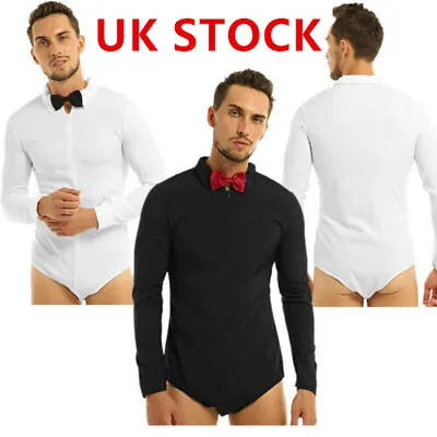 Mens Long Sleeve Button Crotch Latin Dance Shirt Bowtie One-piece Romper Shirts • £20.97