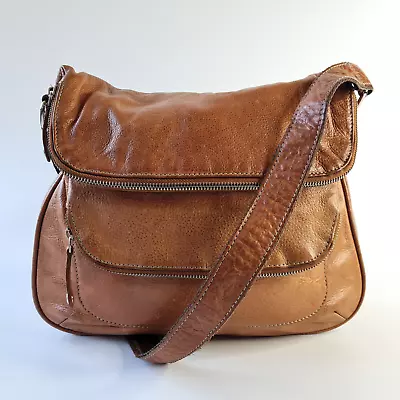 James Lakeland Tan Genuine Leather Boho Chic Fold-Over Cross Body Messenger Bag • £6.99