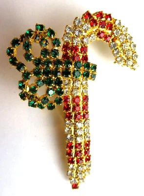 $0.99 • Buy Vintage Large Rhinestone Candy Cane Brooch