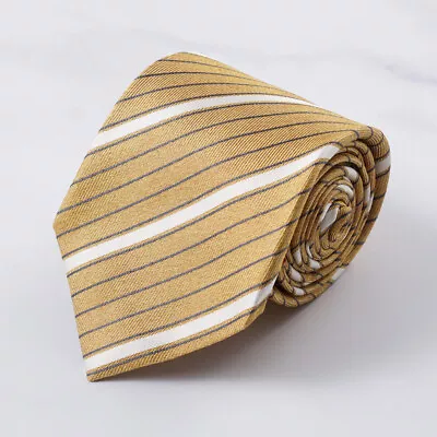 Isaia 7-Fold Golden Yellow And Slate Gray Woven Stripe Silk Tie NWT • $119