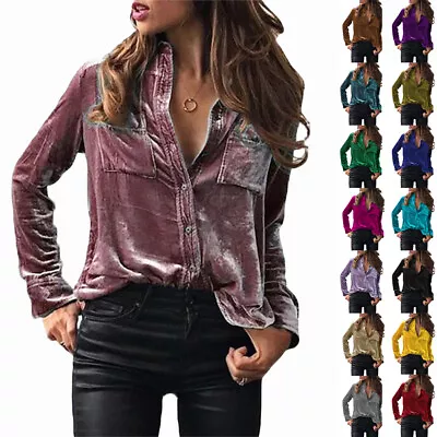 £10.99 • Buy Ladies Button Up Top Blouse Velvet Long Sleeve T-shirt Autumn Casual Shirts Size