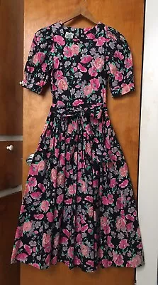 Vintage 80s Laura Ashley Puff Sleeve Prairie Cottagecore Modest Dress 6 S Roses • $80