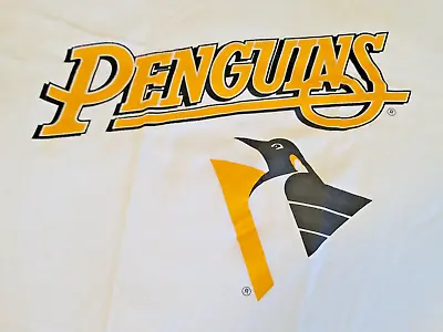 Vintage 90'S LARGE WHITE Single Stitch HOCKEY T-Shirt Pittsburgh Penguins Logo L • $10.99