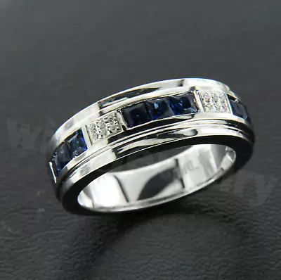 2Ct Princess Cut Simulated Blue Sapphire Men's Wedding Band Ring 925 Silver • $109.43