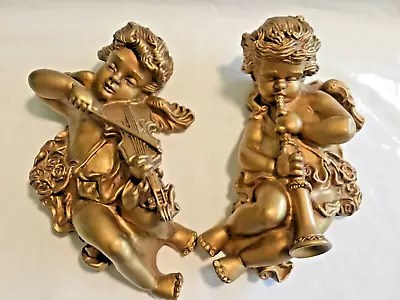 (2) 1965~Gold~CHERUBS~ANGELS~UNIVERSAL STATUARY~ 10 ~Violin~Horn~EXCELLENT • $44.99