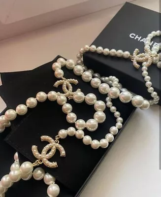 CHANEL 100th  Anniversary CC Pearl Long Necklace - White • $1056